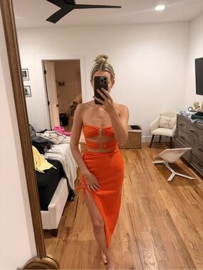 SHEIN Orange Strapless Cutout Midi Dress with Ring Details